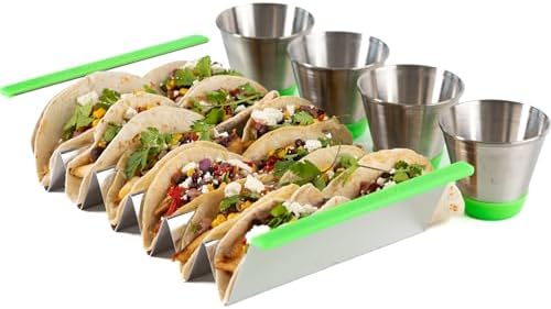 316 Stainless Steel Taco Holder Stand for 12 Tacos and 4 Sauce Cups, Premium Taco Rack with Silicone Handles, Taco Shell Holder, Stylish Rack Taco Tray, Oven & Dishwaher Safe, BPA free