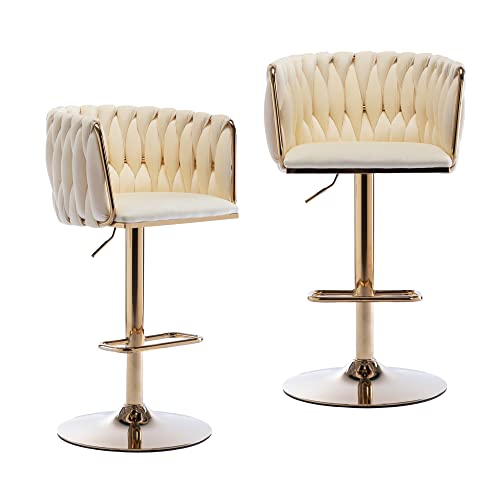 Homtique Bar Stool,Velvet Woven Bar Stools,Adjustable Counter Height Swivel Barstools With Low Back And Gold Base For Kitchen Island,Pub,Dining Room (2, Cream(Round Base)) #TOP30