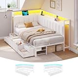 DICTAC Twin Corner Bed Frame with Storage and Upholstered Guardrail, White
