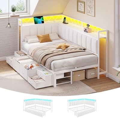 DICTAC Twin Corner Bed Frame with Storage and Upholstered Guardrail, White