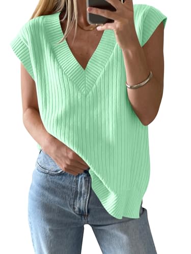 Image of Saodimallsu Womens V Neck Sweater Vest Oversized Ribbed Knit Sleeveless Casual Loose Fit Pullover Tank Top