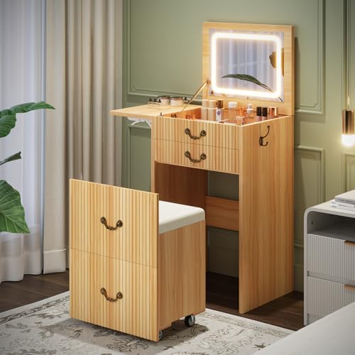 Image of FURSUN 3-in-1 Vanity with Flip Mirror & Lights, Fluted Compact Vanity Table with 3 Drawers, Storage Compartment and Rolling Stool, Modern Small Makeup Vanity for Bedroom, Powder Room, Natural Oak