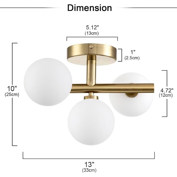 EDISLIVE 3-Light Semi Flush Mount Ceiling Light Frosted Globe, 13in Modern Brass Sputnik Light Fixture Chandeliers with Milk Glass Shade Gold Finished by EDISLIVE - Image 2