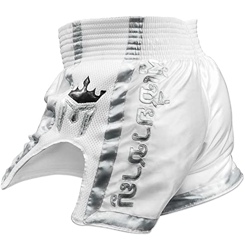 Meister Shorts de Muay Thai Elite - Cintura totalmente elástica com malha, Branco/prata, 32-33