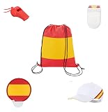 Genérico Pack 5X1 de Animación España Fútbol, 5 Accesorios, Mochila, Silbato, Gorra, Abanico y Pintabanderas, Mundial 2026, Futbol, Fiestas.