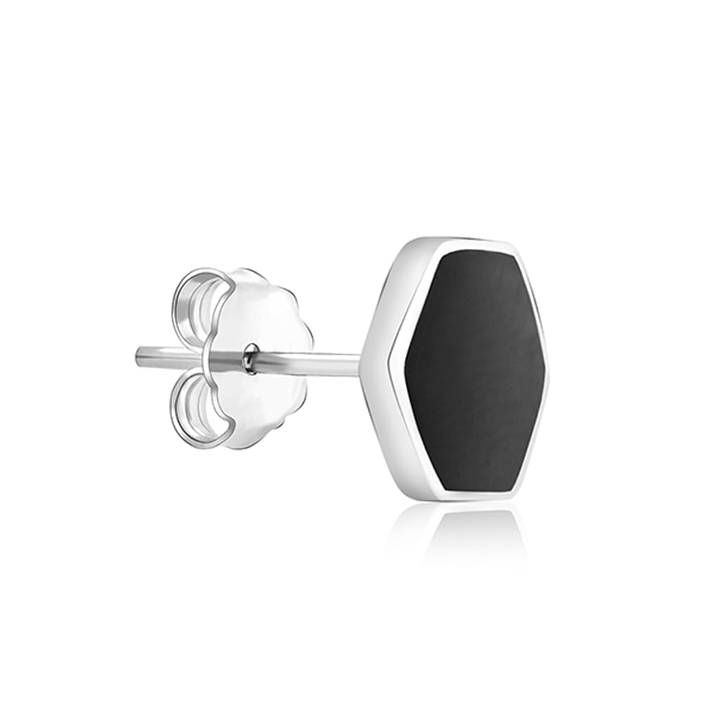 TOUCH925 Pure 925 Silver Midnight Hexagon Stud Earrings, Unisex Earrings | Black Enamel Face, Men Earrings, Gents Studs, Single Piercing, Daily Use, Gift for Him