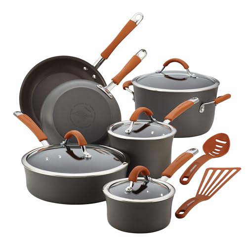 Comparison: Best Orange Non Stick Cookware 7 Rachael Ray Cucina Dishwasher Safe Hard Anodized Nonstick Cookware Pots and Pans Set, 12 Piece, Gray with Orange Handles