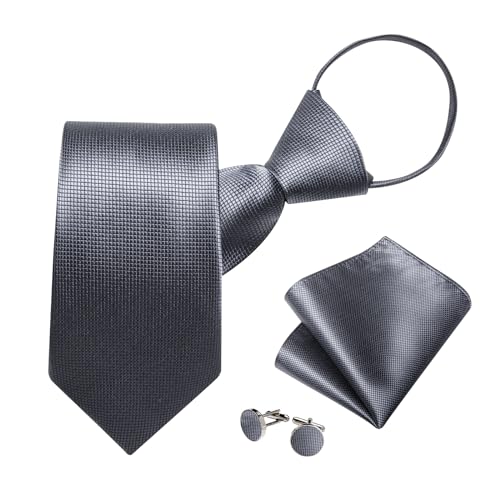 Image of DiBanGu Silk Zipper Ties for Men,Paisley Solid Plaid Pre-tied Tie and Pocket Square Cufflinks Set Formal Adjustable Necktie