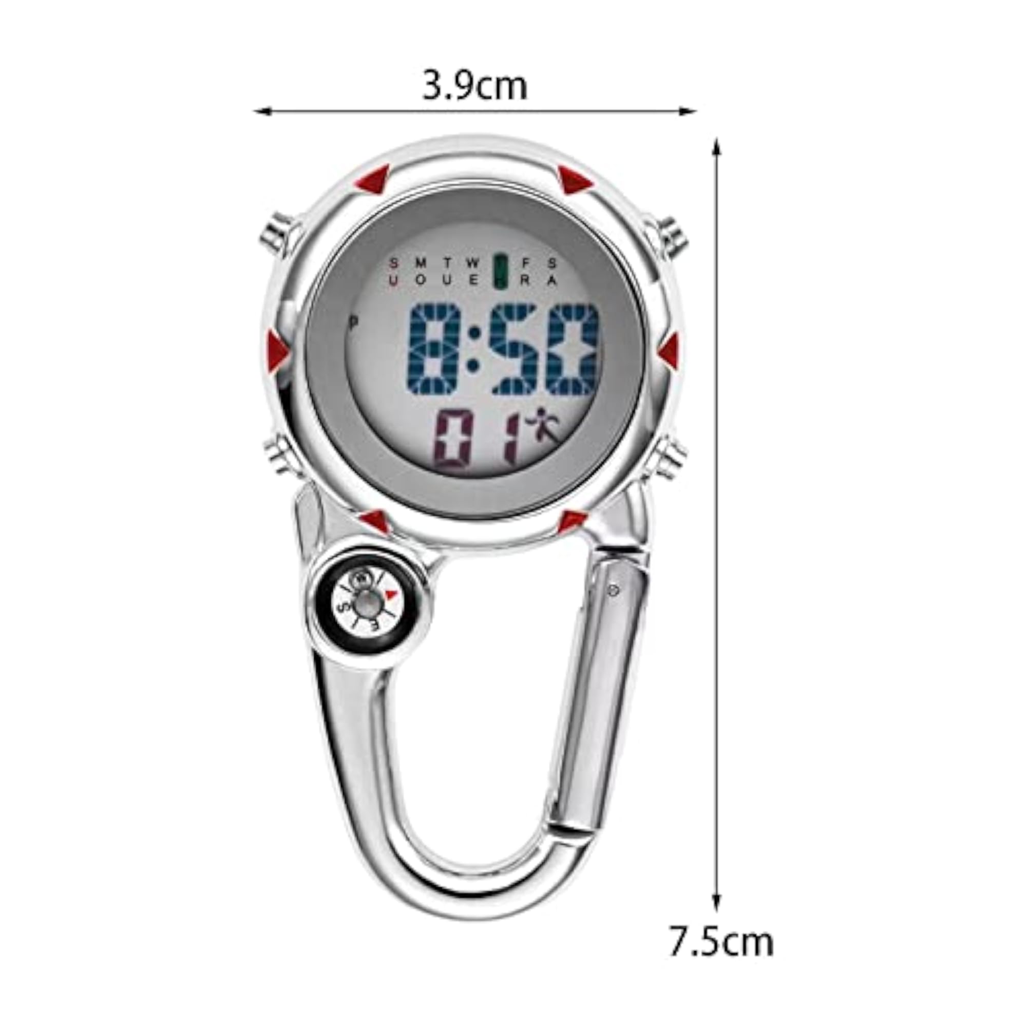Digital Carabiner Clip-On Pocket Watch, Luminous Red Design