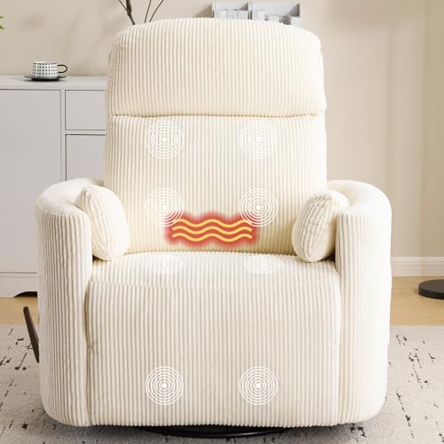 Image of Oversized Swivel Rocker Recliner with Massage and Heat, Swivel Nursery Recliner with Adjustable Headrest, Manual Rocker Recliner Chair with Two Removable Pillows, Rocking Nursery Chair,Corduroy Beige