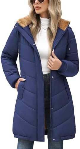 RITOSTA Lange damesjas met fleece gevoerde jassen winter puffer jassen dames gewatteerde donsjack rits up gewatteerde jas warme casual outdoor capuchon parka overjas met zakken, Kaki, S