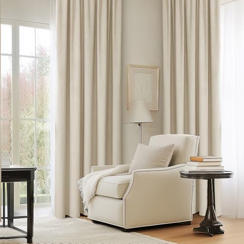 MIULEE Beige Velvet Pencil Pleat Darkening Curtains for Bedroom 2 Panel Set, Super Soft Luxury Home Decor Living Room, Thick Room Darkening Curtains 90 Drop, Each 90 x 90 Inche - Image 2