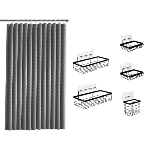 Clara Clark Grey Shower Curtain Set with Black Shower Caddy Hanging - Fabric Shower Curtains and Stainless Steel Shower Caddies, Bathroom Shower Curtain Sets with Corner Shower Caddy Dorm