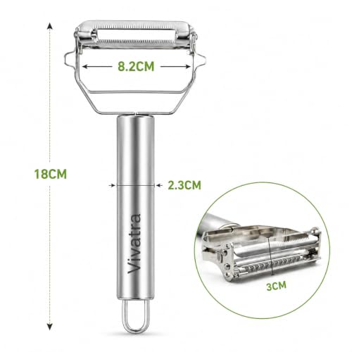 Image of 2 in 1 Stainless Steel Julienne Vegetable Peeler Multi-Functional Fruit & Veggie Shredder Slicer and Grater for Potatoes, Carrots, Cucumbers (Silver, 18 x 8.2 x 2.3 cm)
