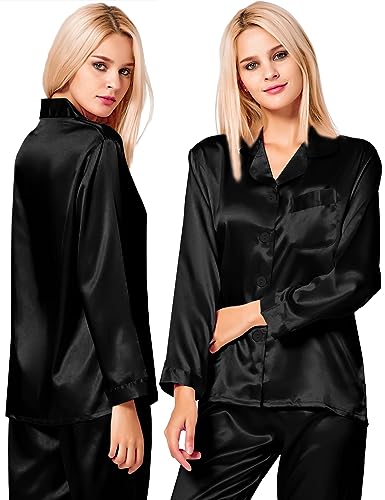SWOMOG Long Sleeve Pajamas Set Silk Satin Sleepwear Button Down Pjs Loungewear with Pocket2