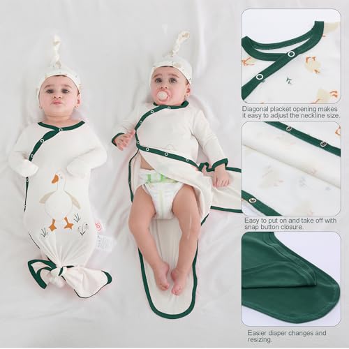 LAT LEE AND TOWN Newborn Baby Knotted Gowns with Hat Set 3 Pack Infant Outfit Sleepers Gown Home Outfits Set (cole duck, S)2