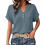 Musselin Bluse Damen Kurzarm Leinenbluse Frauen Sommer Leinen Shirt Hemd Sommerblusen Knopf Tunika Tops Casual Tshirts Oberteile Longbluse Teenager Mädchen Hemdbluse Blusenshirt S-5XL