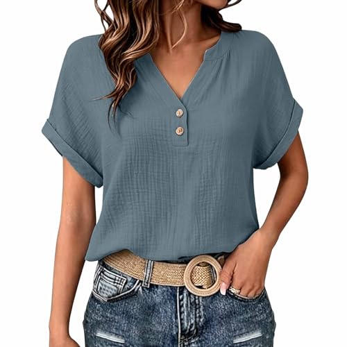 Musselin Bluse Damen Kurzarm Leinenbluse Frauen Sommer Leinen Shirt Hemd Sommerblusen Knopf Tunika Tops Casual Tshirts Oberteile Longbluse Teenager Mädchen Hemdbluse Blusenshirt S-5XL
