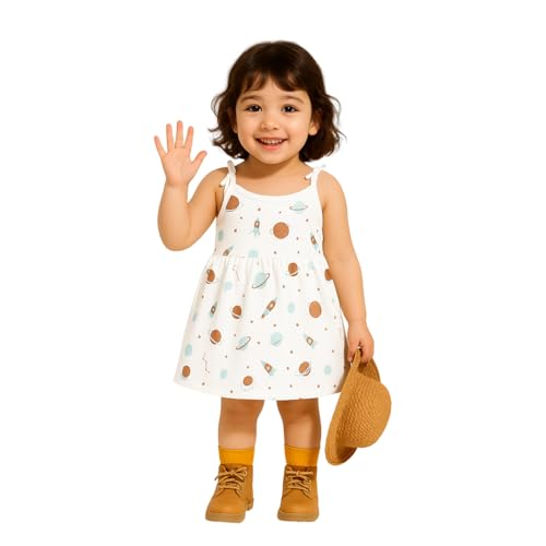 Image of Kidbea Cotton Baby Dress for Girls | Soft Sleeveless Summer Dress for Girl | Cute Printed Newborn Baby Muslin Frocks with Tie-Up Closure