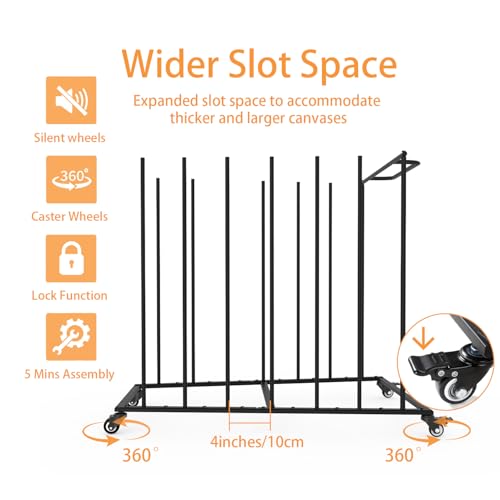 Image of Heavy-Duty Art Storage Rack for 57 inch Artwork - Canvas Drying Rack & Mobile Display Stand with Locking Casters, Metal Frame - Organizer for Artists, Framers, Studios, Vendors