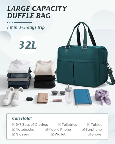 Image of Travel Duffle Bags for Women Men Expandable Personal Item Travel Bag Lightweight Weekender Overnight Carry on Bags for Airplanes Sport Gym Tote Ladies Beach Luggage Bag Peacock Blue