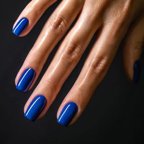 24 Pezzi Unghie Finte Corte Quadrate Francese Lucide Tinta Unita Stampa sulle Unghie Copertura Completa Adesive Artificiali Unghie Press on Nails per Donna Ragazze Manicure Fai da Te (Blu Reale)