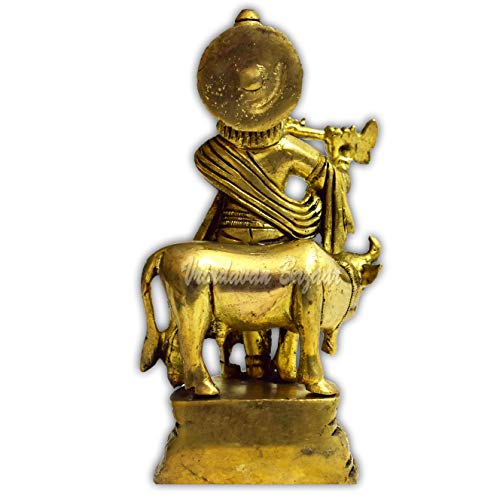 Krishna Flûte à Jouer avec Vache Statuette Décoration Inde 16,5cm