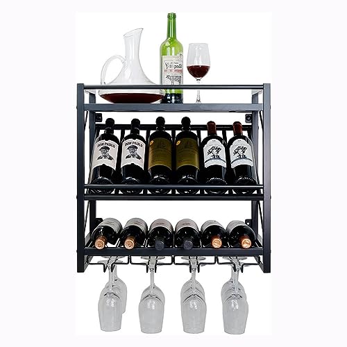LWDXMYKW Botellero de Pared con Estante de exhibición inclinable, estantes de 3 Niveles con Soporte para Copas y Botellas de Vino, Ideal para Cocina, Sala de Estar, cafetería y Bar.