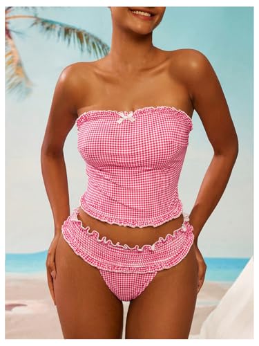 GORGLITTER Women's Gingham Bow Tankini Set Cut Strapless Halter High Cut Thong Swimsuit Bathing Suit Beach Fashion2