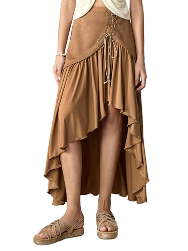 SHENHE Women's Western Boho Lace Up High Waisted Asymmetrical Flowy High Low Cowgirl Long Skirt