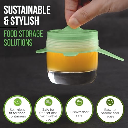 Image of Reusable Silicone Stretch Lids for Food Storage in Fridge - Elastic Heat-Resistant Bowl Covers, Cups, Cans, Jars - Universal Food Grade Lid for Containers - 7 Pack - Light Green Stretchy Lid Set