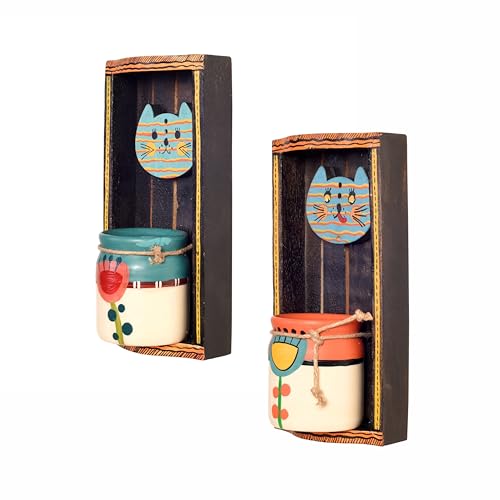 Image of AAKRITI ART CREATIONS Handcrafted Cat Theme Wall Decor with Hanging Floral Art Pots | Wooden & Ceramic Art Set, Matte Finish | Wall Shelf Decor for Home