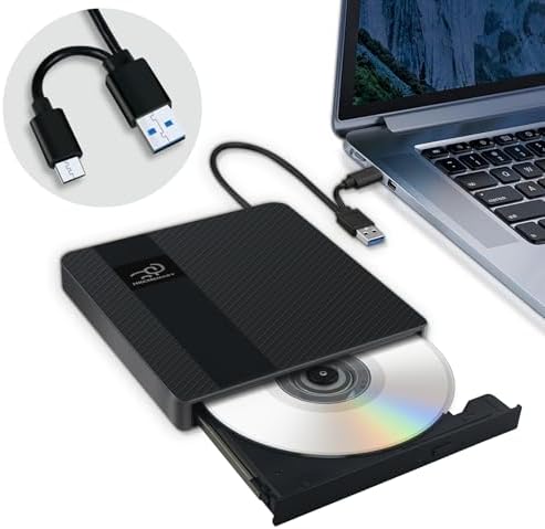 HKCMEMORY External CD/DVD Drive USB 3.0 & Type-C Slim Portable DVD Player+/-RW Disk Drive CD Burner Writer Reader CD ROM, for Laptop Desktop PC MacBook Mac Windows 11/10/8/7 Linux OS Apple