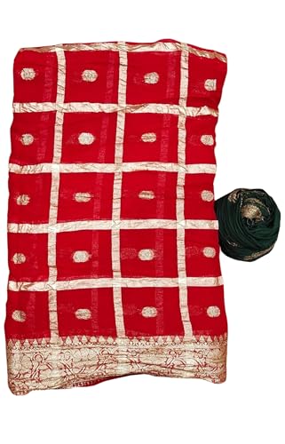 Image of Women's Pure Viscose Georgette Checks Zari Fabric Jaipuri Saree with Matching Blouse