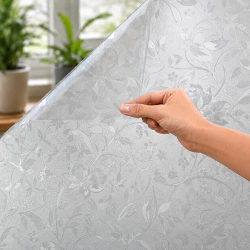Image of CVANU Floral Frosted Glass Covering Privacy Window Film, Self Adhesive Waterproof Vinyl Sticker for Glass Doors, Windows, Bathroom & Office Use (24 x 50 Inch)