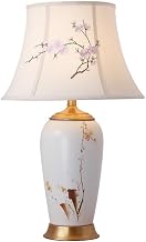 White Ceramic Table Lamp Hand Painted Flower Bird Chinoiserie Style American Fabric Shade Bedside Desk Nightstand for Bedroom Living Room Office College Bookcase