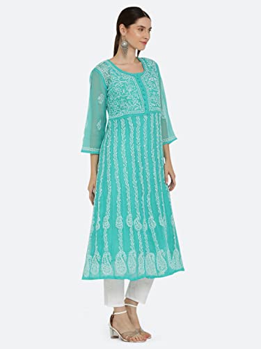 Image of FAWOMENT Women's Georgette Yok Anarkali Kurta with Intricate Lucknowi Chikankari Fine Hand Crafted Embroidery