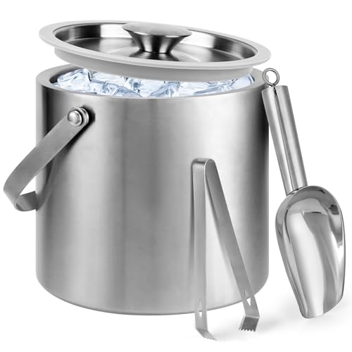 Savorella 3L Ice Granule Bucket, Double Wall Ice Bucket with Lid,Scoop,Tongs- Inner Layer 304 Stainless Steel Ice Container Keep Ice Frozen Longer- Ideal for Cocktail Bar,Parties,Chilling Beer Win
