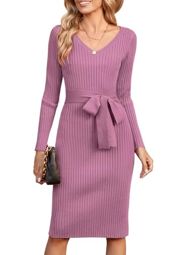 Newshows Womens 2025 Sweater Dress Long Sleeve Fall Midi Ribbed Knit Winter Belted Bodycon Dresses Work Clothes(Light Purple,XL)