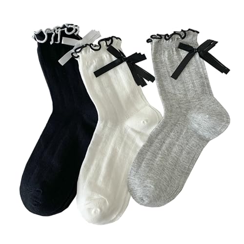 Image of Womens Bow Socks Ruffle Casual Crew Black Whitte Soft Breathable Cotton 4 Pairs Socks