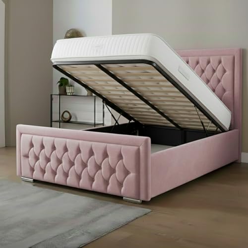 Image of AuGold Beds Diamond Milano Upholstered 4FT Ottoman Small Double Bed – Luxury Pink Plush Velvet Bed Frame with 45” Headboard & Chrome Finish – Durable Slatted Base for Compact Bedrooms, Handmade in UK