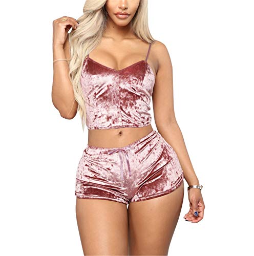 YeeHoo Conjunto Mujer Terciopelo Camisola con Calzoncillos Ropa de Dormir Cuello V Chaleco con Tiras Dos Piezas Bata Sexy Vestido Interior Lencería Cover
