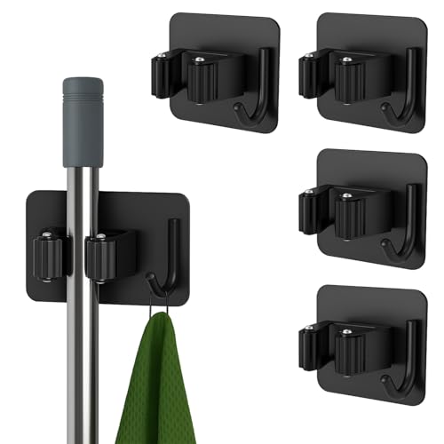 Image of DALUCI Adhesive Broom Holder Wall Mounted - Stainless Steel Mop Holder for Wall Without Drilling | Waterproof & Rustproof Broom Stick Holder Hook for Home, Bathroom & Kitchen (Black, 5 Pcs)