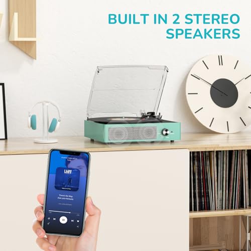 Image of Record Player for Vinyl with 2 Build-in Speakers LP Vinyl Players Belt-Driven Vintage Turntables 3 Speed 3 Size, Wireless Bluetooth Playback, AUX-in, RCA Out, Headphone, Auto Stop,Water Blue