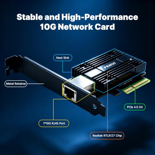 FENVI RTL8127 10G PCIe X4, 4X Faster Than 2.5G, NAS/Server, Compatible con PCIe 3.0/4.0, Compatible con versiones anteriores 5G/2.5G/1G/100Mbps, perfil bajo para ITX, ideal para edición de video 4K y NAS miniatura 3