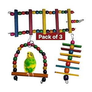 Boltz Bird Ladder and Hanging chewable Wooden Swing Bird Toys for Budgies,Cockatiel,Finches,Kannur Birds- Made with Bamboo- 3 Piece