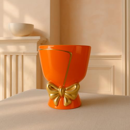 Image of Xtore Ceramic Bow Planter Figurine | Gloss Finish | Decorative Flower Pot for Home & Balcony - (Pack of 1, Orange, Planter ONLY)