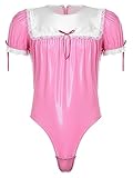 YONGHS Mens Sissy Wet Look Lace French Maid Bodysuit Romper Roleplay Cosplay Lingerie Costumes Hot Pink 3X-Large