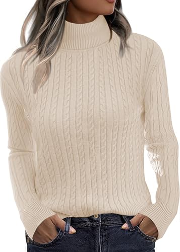 Zeagoo Turtleneck Sweater Women 2025 Fall Winter Cable Knit Long Sleeve Basic Tops Womens Fashion Beige