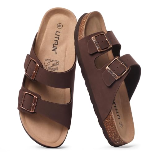 Image of Litfun Unisex Cork Footbed Sandals Summer Slip On Slides for Women Men | Adjustable Buckle, Comfortable Sandals With Arch Support, Beach Casual Style
